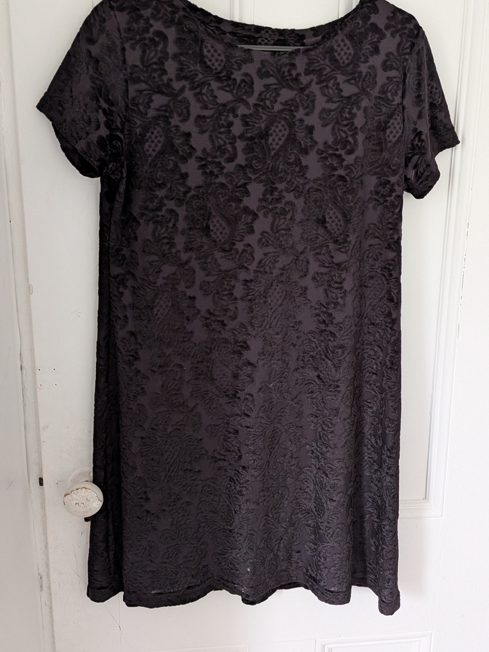 Textured Velour Black Short Sleeve Shift Dress